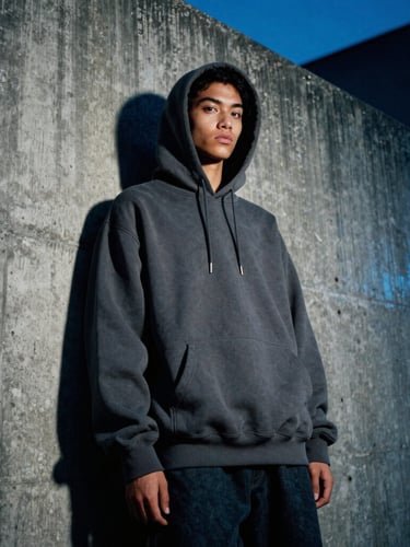 Low-angle gritty editorial fashion shot of a model in an oversized dark grey hoodie standing against a brutalist concrete wall in Mexico City, moody midnight blue neon highlights, dramatic shadows, 35mm film.