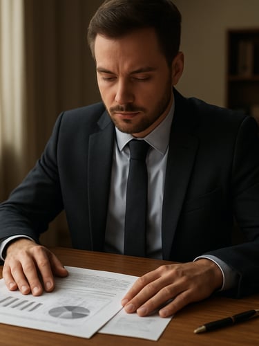 Medium shot from slightly above, advisor seated at a wooden desk reviewing printed financial documents under soft natural window light, one hand resting on the page, a pen beside the papers, quiet office environment visible in the background