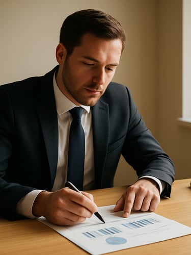 Medium shot from slightly left of center — financial advisor seated at a clean wooden desk, leaning forward to review a printed planning document, natural window light falling from the right, warm off-white walls, a few stacked folders visible at desk edge, calm focused expression, no eye contact with camera