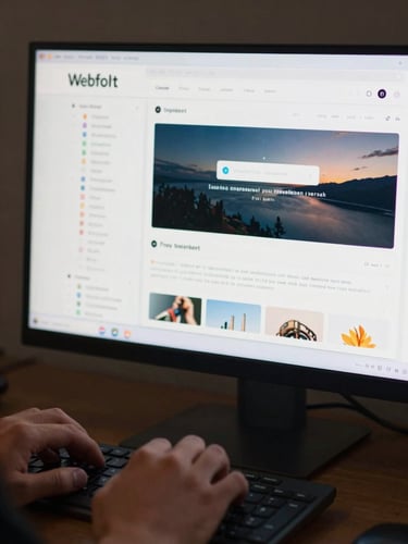 Close-up of a wide monitor displaying a Webflow CMS admin panel, site structure tree visible on the left, a responsive preview open on the right, cool studio lighting, hands at keyboard in foreground, shallow depth of field