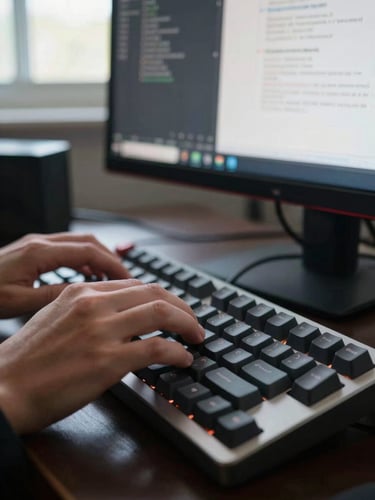 Close-up of hands typing on a mechanical keyboard, a terminal window and site backend panel visible on the monitor behind, cool daylight from a window at left, sharp focus on the keystrokes mid-action