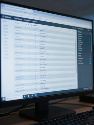 Close-up of a backend admin dashboard on a wide monitor, rows of database records and server metrics visible, cool blue screen light illuminating a keyboard in the foreground, tight editorial crop showing the work in detail