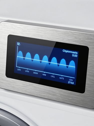 A high-tech digital control interface displaying a calibrated washing cycle graph on a brushed steel panel, cool blue lighting.