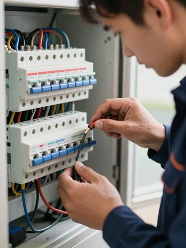 Close-up of a certified electrician in clean dark blue workwear wiring a modern fuse box with technical precision, bright natural lighting, focused on hands.
