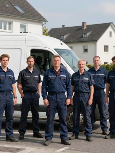 A group of professional German electricians in matching navy blue workwear standing proudly next to a modern white service van parked in a clean residential street in Siegburg, bright daylight.