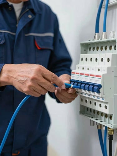 Close-up of a certified electrician in clean dark blue workwear wiring a modern fuse box with precise blue cables, bright daylight