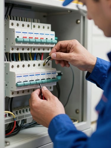 Close-up of an electrician's hands in clean blue workwear wiring a modern fuse box, bright natural daylight, technical precision, high-contrast details.