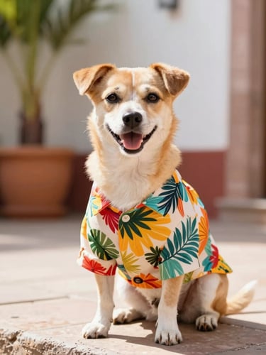 Bright editorial portrait of a cheerful small dog wearing a colorful handmade tropical shirt, sitting comfortably on a sunny Guanajuato patio, warm natural daylight, shallow depth of field