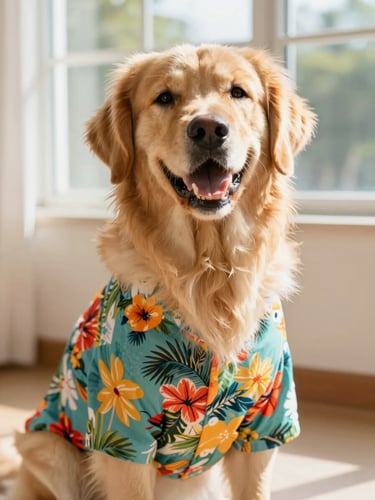 A happy golden retriever wearing a colorful handmade tropical shirt, sitting comfortably indoors under warm window light, sharp portrait, shallow depth of field