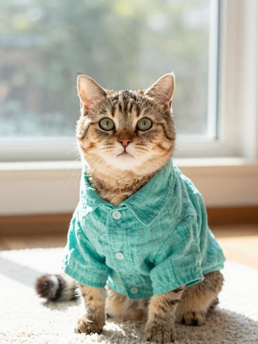 A beautiful domestic cat wearing a lightweight teal linen shirt, sitting comfortably on a soft rug, warm natural window light, shallow depth of field, sharp portrait.