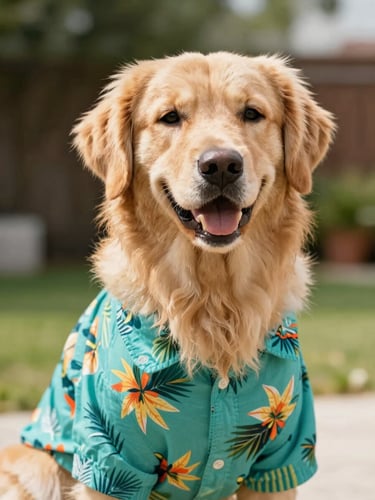 A happy golden retriever wearing a colorful teal tropical shirt, smiling at the camera, soft natural backyard daylight