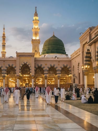 Serene environmental shot of the Prophet's Mosque in Madinah during soft golden hour, architectural details in crisp focus, warm light reflecting off marble courtyard, shallow depth of field