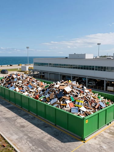 Low-angle powerful shot of a modern industrial recycling facility near the port, clean sorted materials, bright daylight, safety green accents.