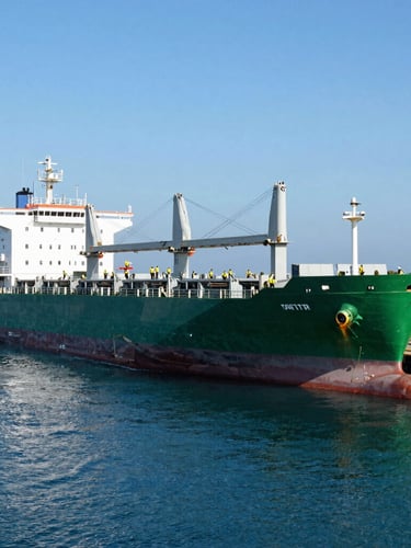 Wide-angle crisp industrial photography of a massive cargo ship docked at Valparaíso harbor, deep ocean blue water, bright coastal daylight, professional crew visible on the dock.