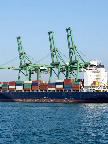 Wide-angle industrial photography of a massive container ship docked at the Port of Valparaíso, bright coastal daylight, deep ocean blue water, safety green details on crane structures.