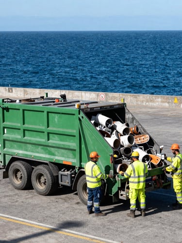 Wide-angle industrial shot of a professional waste management crew in high-visibility safety gear operating clean recycling machinery at the Valparaíso port, crisp daylight.