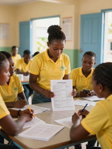 A bright, sunlit Jamaican school staff room where teachers are organized around a table, reviewing a printed manifest of bulk supplies, warm natural Caribbean light, 35mm lens.