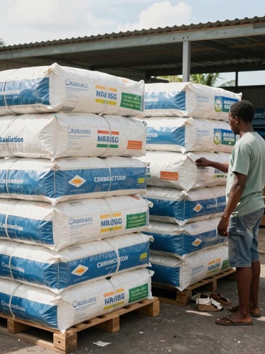 A bright, natural Caribbean daylight photo of an organized warehouse in Jamaica, showing stacked bulk goods in original supplier packaging, 35mm lens.