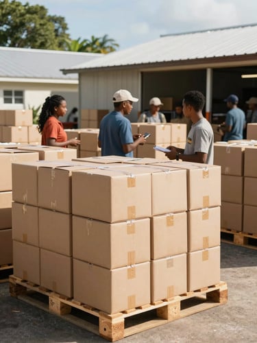 Bright environmental photo of an organized Kingston warehouse, bulk boxes stacked on clean wooden pallets, warm natural Caribbean daylight, 35mm lens.