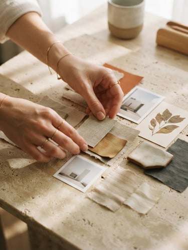 A close-up shot of hands carefully arranging physical moodboard cards on a warm travertine stone table, soft afternoon sunlight casting long shadows, warm editorial photography style