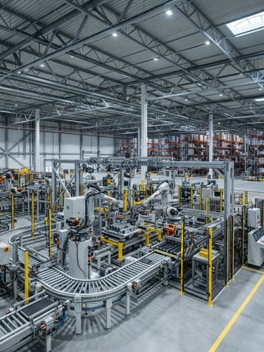 Wide shot of a modern, clean industrial warehouse interior with high ceilings and robotic machinery, cool bright lighting, sharp focus, 35mm, industrial photography