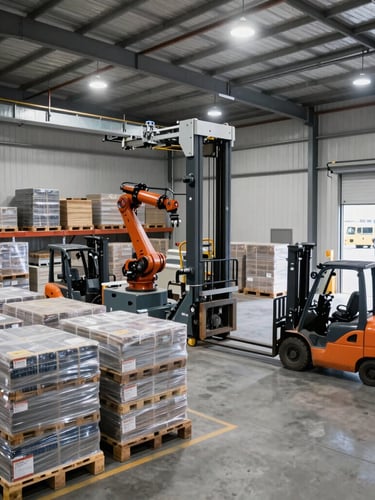 Wide shot inside the Brisbane distribution warehouse, showing neatly stacked pallets, forklifts in motion, and a large loading dock, cool bright industrial lighting, sharp focus, 35mm, industrial photography