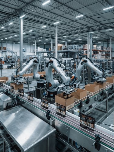 Wide panoramic shot of high-speed robotic arms precisely packaging products on a gleaming stainless steel line under cool industrial lighting, sharp focus, with expansive warehouse floor in background, 35mm.