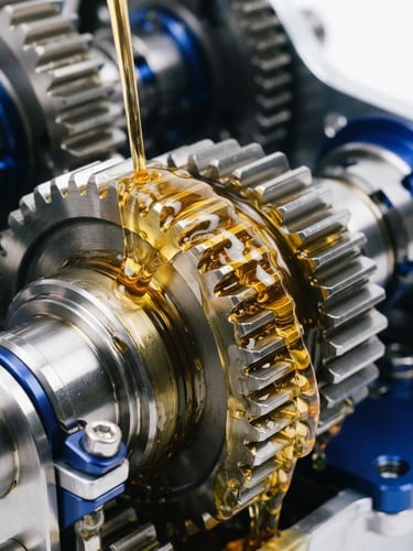 Macro close-up of golden oil viscosity flowing over polished steel gears, high-key studio lighting, glossy reflections, royal blue accents, 35mm