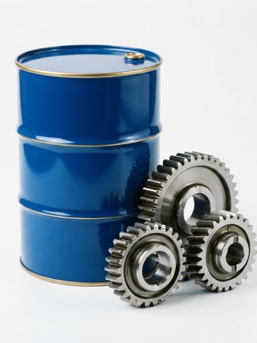 A premium blue oil barrel with subtle gold accents, placed next to polished metallic gears under crisp studio lighting with glossy reflections, clean white background, macro detail, 35mm