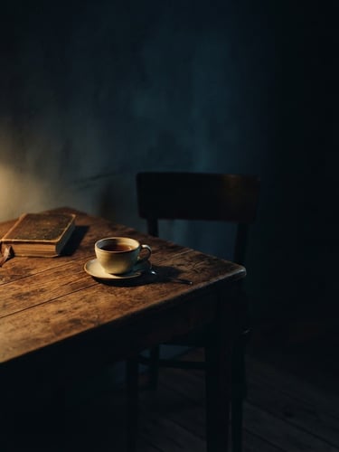 Cinematic low-key photography of a quiet minimalist room at night, soft golden light cutting through shadows onto a wooden table, 35mm film grain, generous negative space