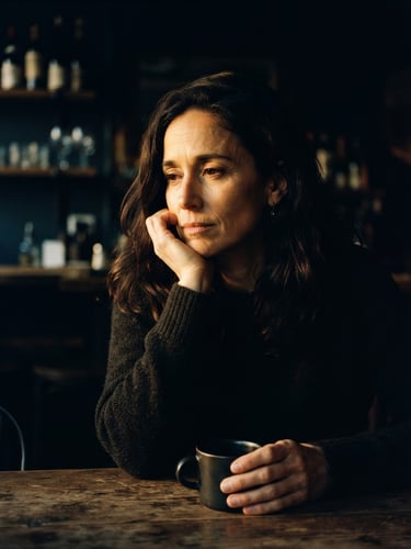 Cinematic low-key portrait of a woman in deep contemplation, soft golden-hour light cutting through dark shadows, warm and intimate atmosphere, 35mm film grain
