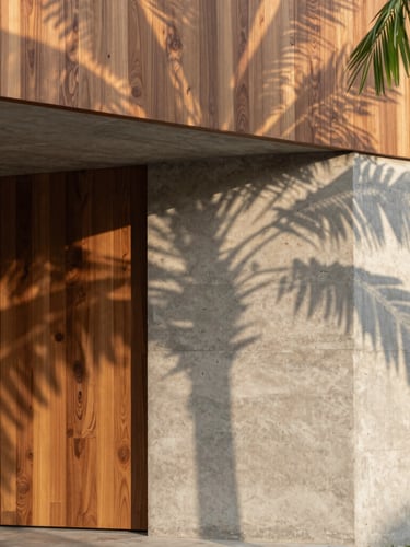 Close-up architectural texture of raw board-formed concrete meeting rich teak wood paneling, dappled shadows from tropical leaves, warm morning light