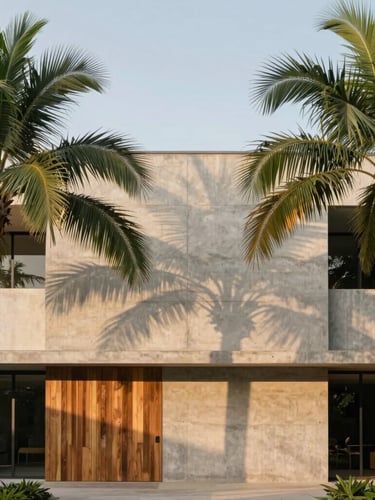 Warm architectural photography of a minimalist concrete facade integrated with lush tropical palm trees, soft morning sunlight casting dappled shadows, warm wood accents, editorial 35mm