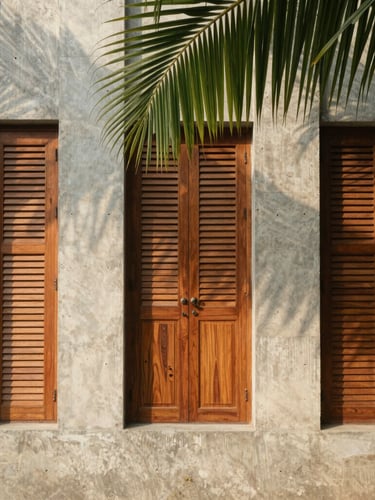 Vertical architectural portrait of raw concrete walls meeting rich teak wood shutters, tropical green palm leaves casting shadows, soft morning light