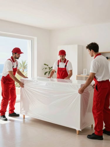 Professional moving crew in red and white uniforms carefully wrapping a large piece of furniture with protective film inside a modern apartment, bright Mediterranean daylight streaming in, wide-angle lens, sharp focus, clean commercial photography.