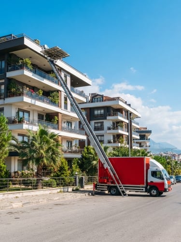 Modern, clean red and white moving truck with an extended high-reach elevator system, parked in front of a contemporary apartment building in Antalya under bright, natural Mediterranean daylight. The truck is positioned to the right third of the frame, with clear blue sky and a few palm trees in the background. No text or people, sharp focus.
