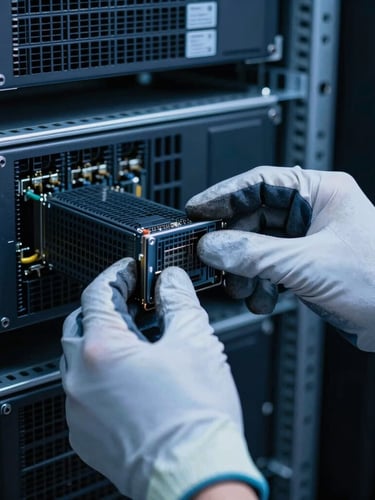 Close-up of a field engineer's hands in gloves, precisely installing a server blade into a rack, cool-toned data center lighting, sharp focus on hardware and hands, industrial tech photography