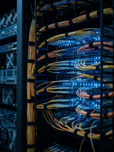 Macro close-up of immaculately managed fiber optic patch cables in a server rack, sharp focus, cool blue LED indicator lights, low-key data center lighting, 35mm.