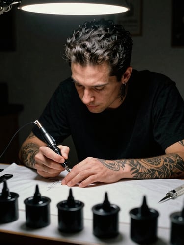 Moody high-contrast portrait of a tattoo artist prep station on Selkirk Ave, needles, black ink wells, warm task lighting, sharp focus
