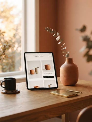 Elegant workspace with a minimalist ceramic vase, terracotta tones, soft window light, and a tablet showing a clean e-commerce interface, editorial photography