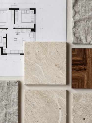 Top-down architectural flat lay of detailed floor plans overlaid with samples of light travertine stone, dark oak wood, and textured gray linen fabric, soft natural side light, editorial styling.