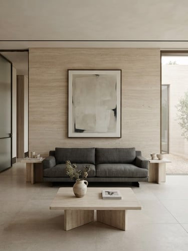 Straight-on architectural elevation of a minimalist contemporary living room, natural travertine stone walls, soft diffused daylight, high-end editorial interior photography