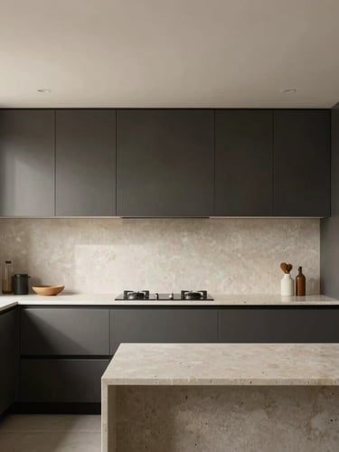 Straight-on architectural elevation of a minimalist contemporary kitchen, clean lines, warm travertine countertops, dark charcoal cabinetry, diffused natural daylight streaming from a side window.