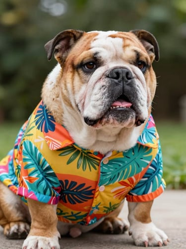 vibrant lifestyle pet photography of a unique-sized bulldog wearing a colorful custom tropical shirt, bright natural daylight, cheerful tones, shallow depth of field