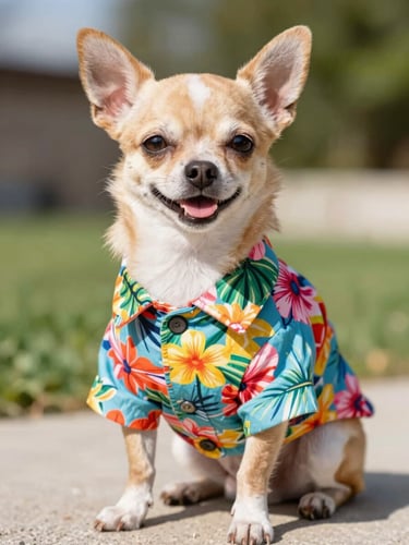 A happy small Chihuahua wearing a colorful tropical floral shirt, sitting proudly in bright daylight, vibrant lifestyle pet photography, colorful and cheerful tones, shallow depth of field, 35mm lens