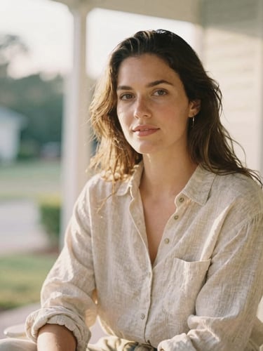 Warm editorial portrait of a woman wearing a relaxed linen shirt, sitting on a sunlit porch in Gibsonton, soft morning glow, gentle blush tones, 35mm film style.