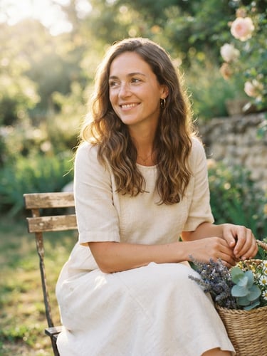 A woman smiling gently in a soft cream linen dress, warm morning sunlight streaming, soft focus background, 35mm film style