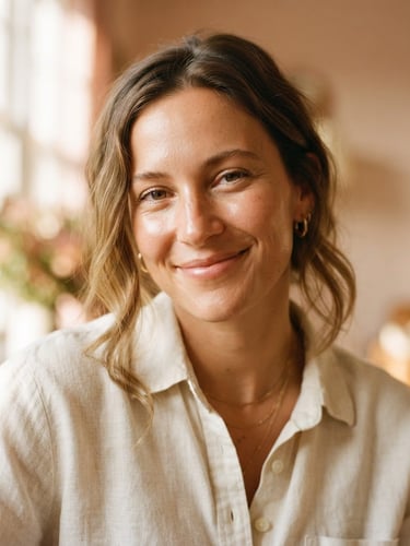 Close-up portrait of a woman in a cream linen shirt smiling softly, warm morning sunlight, soft blush and gold tones, shallow depth of field, 35mm film style