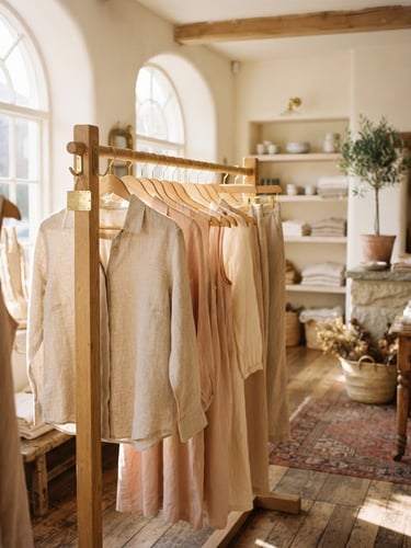 A bright, sun-drenched boutique interior with natural linen garments on wooden hangers, soft morning light, warm gold accents, 35mm film style