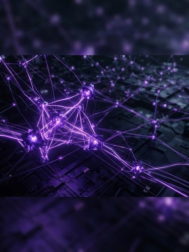 Abstract 3D nodes connecting with glowing purple lines, dark background, clean interface details, shallow depth of field, wide aspect.